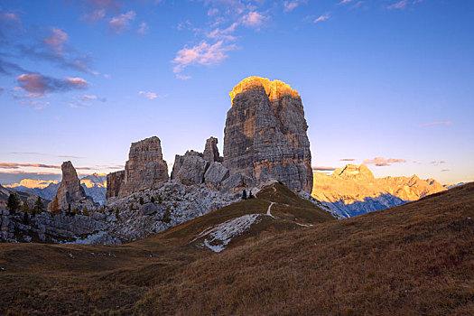 五塔峰,岩石构造,落日,多罗迈特,阿尔卑斯山