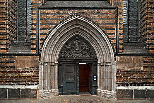 入口,教堂,砖,哥特式,15世纪,罗斯托克,梅克伦堡前波莫瑞州,德国,欧洲