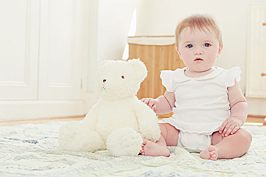 头像,女婴,泰迪熊,坐在地板上