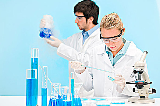 实验,科学家,实验室,显微镜,穿戴,防护眼镜