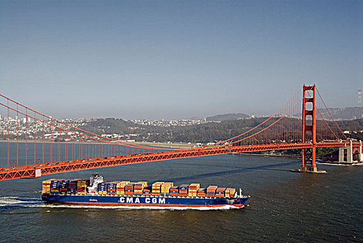 俯拍,集装箱船,吊桥,金门大桥,旧金山,加利福尼亚,美国