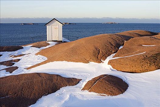 白色,小屋,悬崖,海洋,里塞凯尔,瑞典