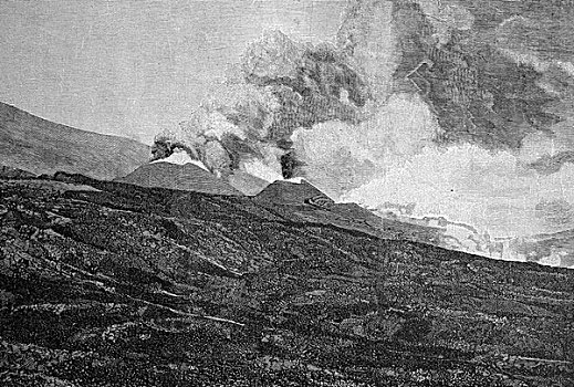 喷发,埃特纳火山,西西里,意大利,历史,插画,1893年