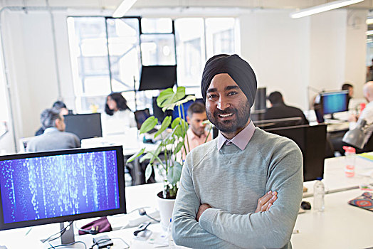 头像,微笑,自信,印度,电脑程序员,缠头巾,办公室