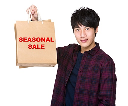 亚洲人,男人,拿着,购物袋,展示,季节,销售