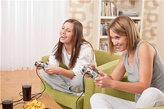 学生,两个,高兴,少女,玩,电视,游戏