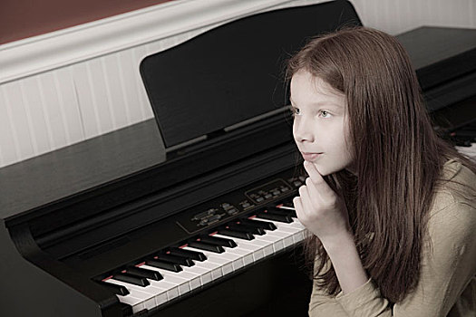 10岁,红发,女孩,坐,电,钢琴