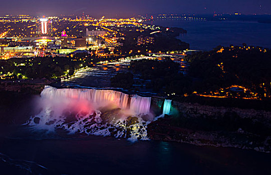 尼亚加拉瀑布,纽约,美洲瀑布,新娘,夜晚,彩色,俯视,加拿大,餐馆