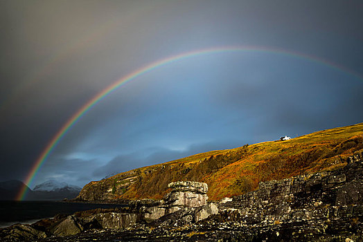 大,石头,水,北海,雪,山,彩虹,背景,斯凯岛,苏格兰,英国,欧洲