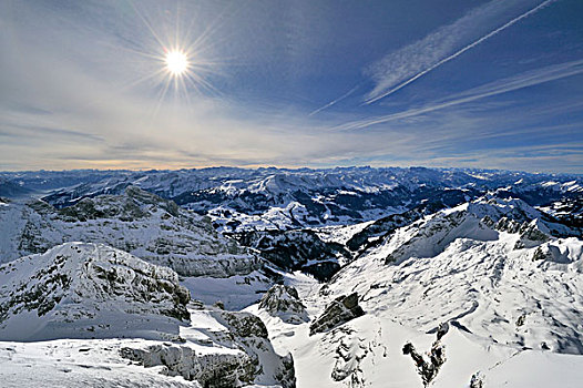 风景,山,积雪,山谷,阿尔卑斯山,背影,阿彭策尔,瑞士,欧洲