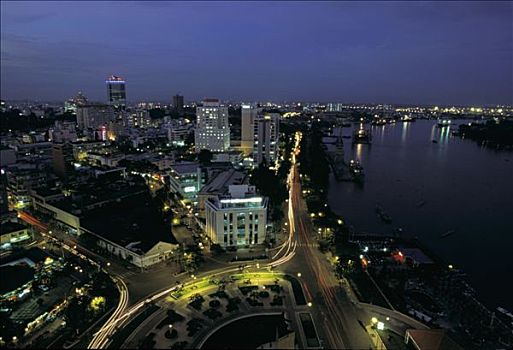 越南,胡志明市,夜晚,俯视图,街道,建筑,酒店,文艺复兴