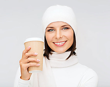 冬天,人,高兴,喝,快餐,概念,女人,帽子,外卖,茶,咖啡杯