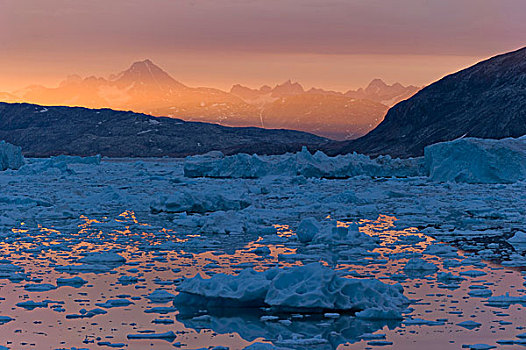 子夜太阳,冰,冰山,约翰,峡湾,格陵兰东部,格陵兰
