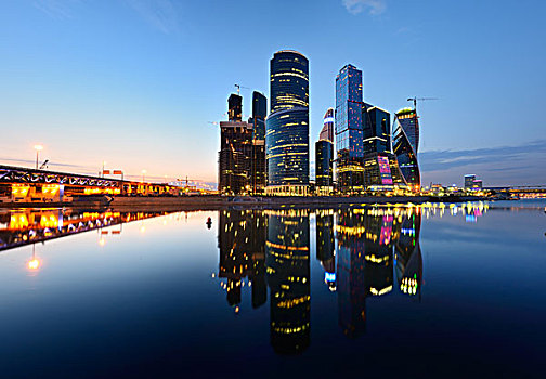 摩天大楼,水岸,夜晚,莫斯科,俄罗斯