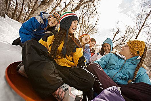 一群孩子,男孩,女孩,骑,雪橇,雪