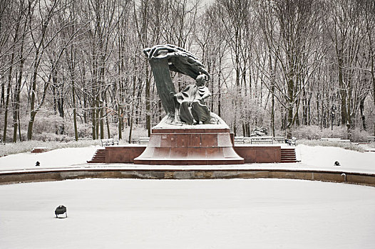 雕塑,皇家,公园,华沙,雪,天气,波兰,欧洲