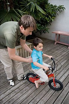 男孩,骑自行车,父亲