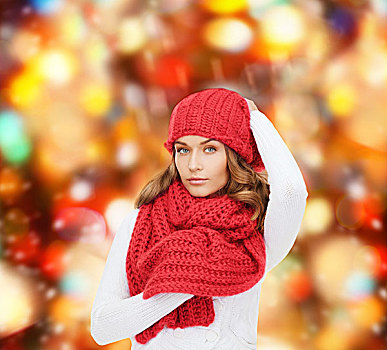 高兴,寒假,圣诞节,人,概念,少妇,帽子,围巾,上方,红灯,背景