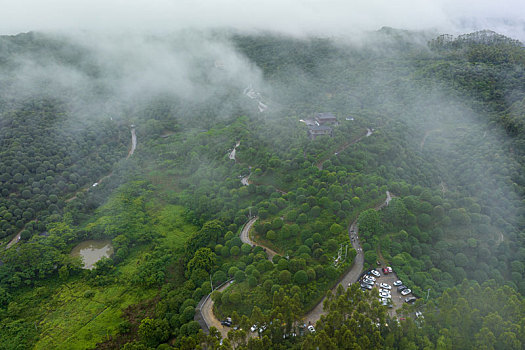 中国广西临桂,桂林之花,林业示范区雨后云雾缭绕景色秀丽
