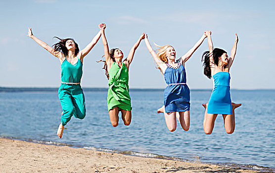 暑假,度假,女孩,跳跃,海滩