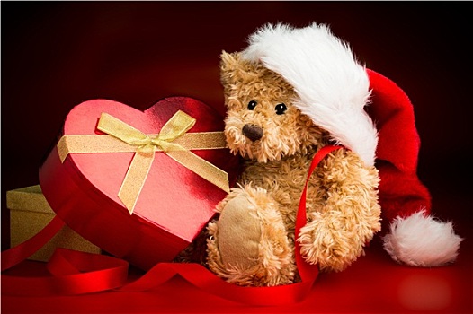 泰迪熊,戴着,圣诞节,帽子,搂抱,盒子