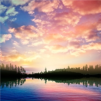 抽象,自然,背景,日出,树林,湖,云