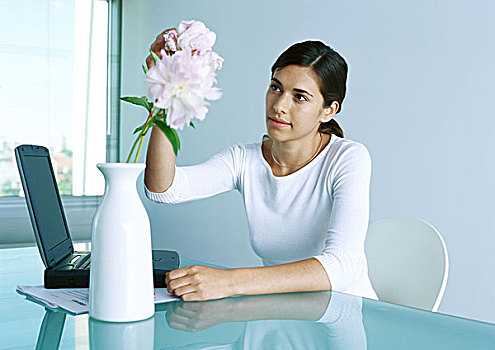 女人,书桌,花,花瓶
