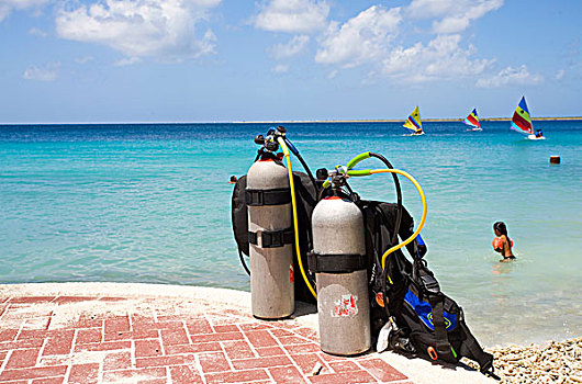 水中呼吸器,海滩,帆板,背影,博奈尔岛,小安的列斯群岛,荷兰,安的列斯群岛,加勒比