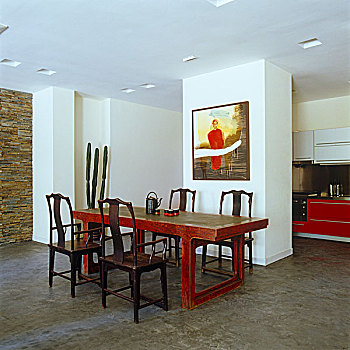 就餐区,传统,中国,椅子,红色,不锈钢,厨房,后面