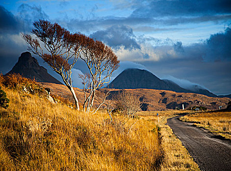 乌云,上方,乡村道路,山,苏格兰,英国