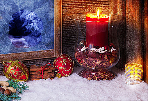 圣诞装饰,蜡烛,窗
