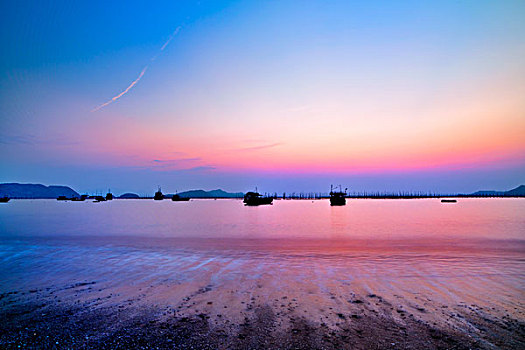 福建霞浦,海,渔船,海滩,晚霞