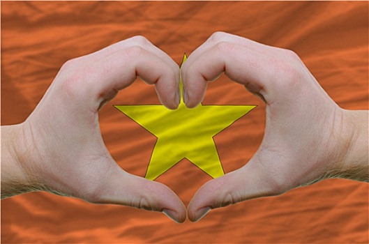 心形,喜爱,手势,展示,上方,旗帜,越南,背影