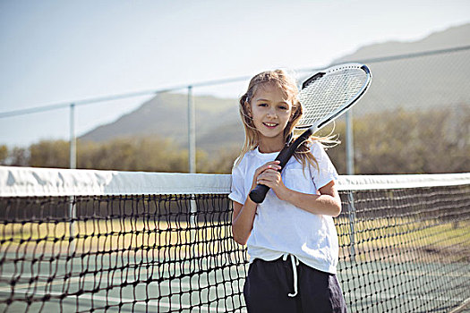 微笑,女孩,拿着,网球拍,站立,球网,头像,球场