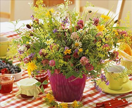 花瓶,彩色,草地,花,早餐桌
