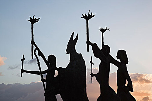 波多黎各,圣胡安,老,雕塑,主教,三个女人,日落