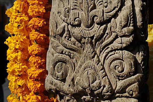 雕刻,木质,柱子,花,装饰,帕坦,加德满都,尼泊尔