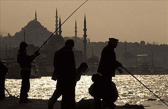 土耳其,伊斯坦布尔,捕鱼者,博斯普鲁斯海峡,清真寺