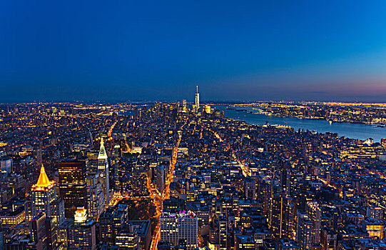 俯拍,城市,曼哈顿,金融区,一个,世界贸易中心,黄昏,纽约,美国