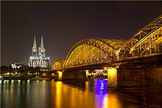 科隆大教堂,霍恩佐伦大桥,夜晚,科隆,德国