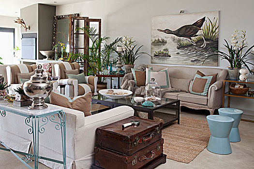 客厅,沙发,苍白,蓝色,凳子,茶几,正面,水禽
