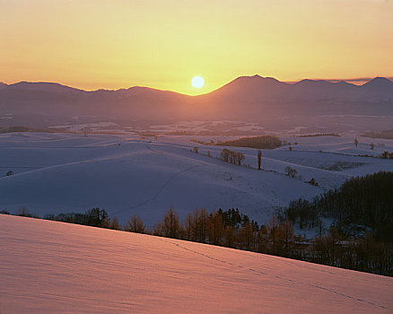 山,日出,冬天
