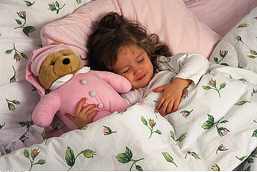 女孩,睡觉,床,泰迪熊