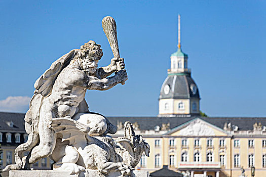 雕塑,正面,城堡,卡尔斯鲁厄,专注,巴登符腾堡,德国,欧洲