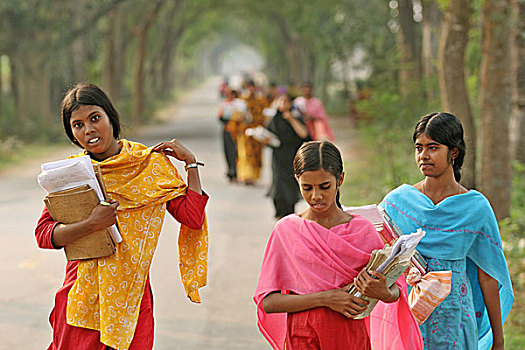 孟加拉人,乡村,女孩,背影,学校,二月,教育,孟加拉