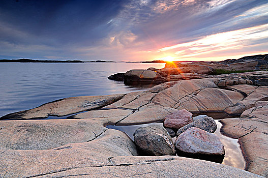 日落,海岸,瑞典