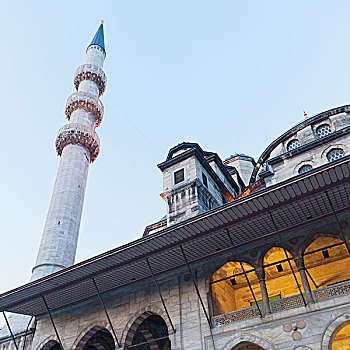 仰视,高,塔,清真寺,苏丹,蓝天,伊斯坦布尔,土耳其