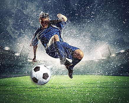 球员,蓝衬衫,惊人,球,高,体育场,雨