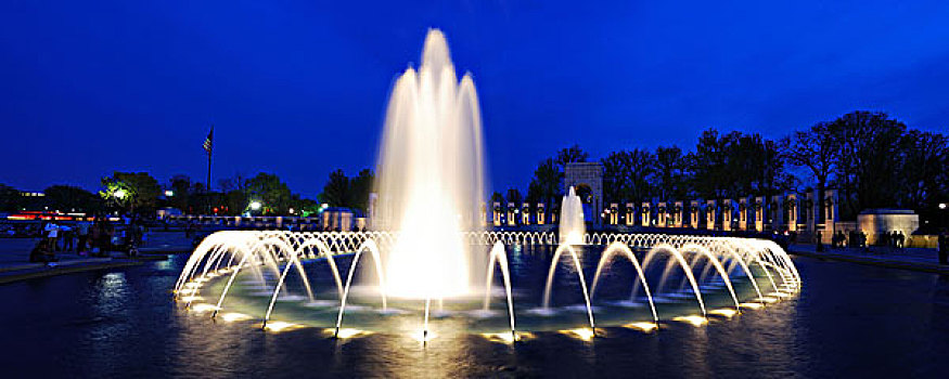二战,纪念,喷泉,全景,亮光,黄昏,华盛顿特区