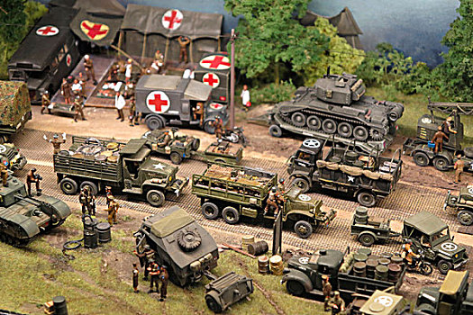 法国,诺曼底,小型,展示,特写,微型,第二次世界大战,场景,坦克,卡车,军人